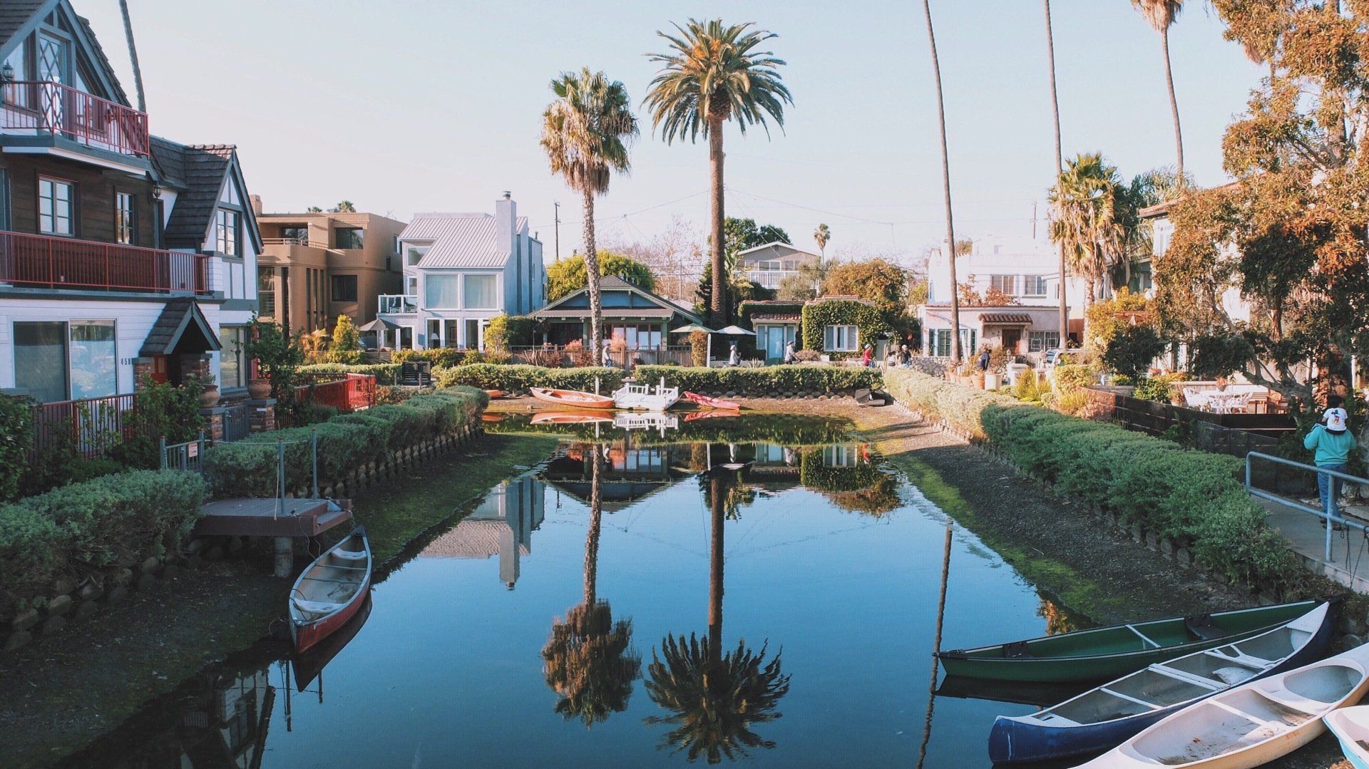 A canal with boats and palm trees in the background