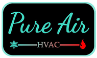 Pure Air HVAC logo with teal script text on black, featuring a snowflake, thermometer line, and red flame icon
