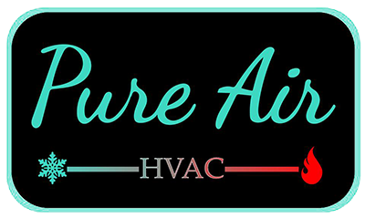 Pure Air HVAC logo with teal script text on black, featuring a snowflake, thermometer line, and red flame icon