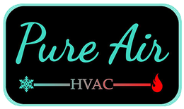 Pure Air HVAC logo with teal script text on black, featuring a snowflake, thermometer line, and red flame icon