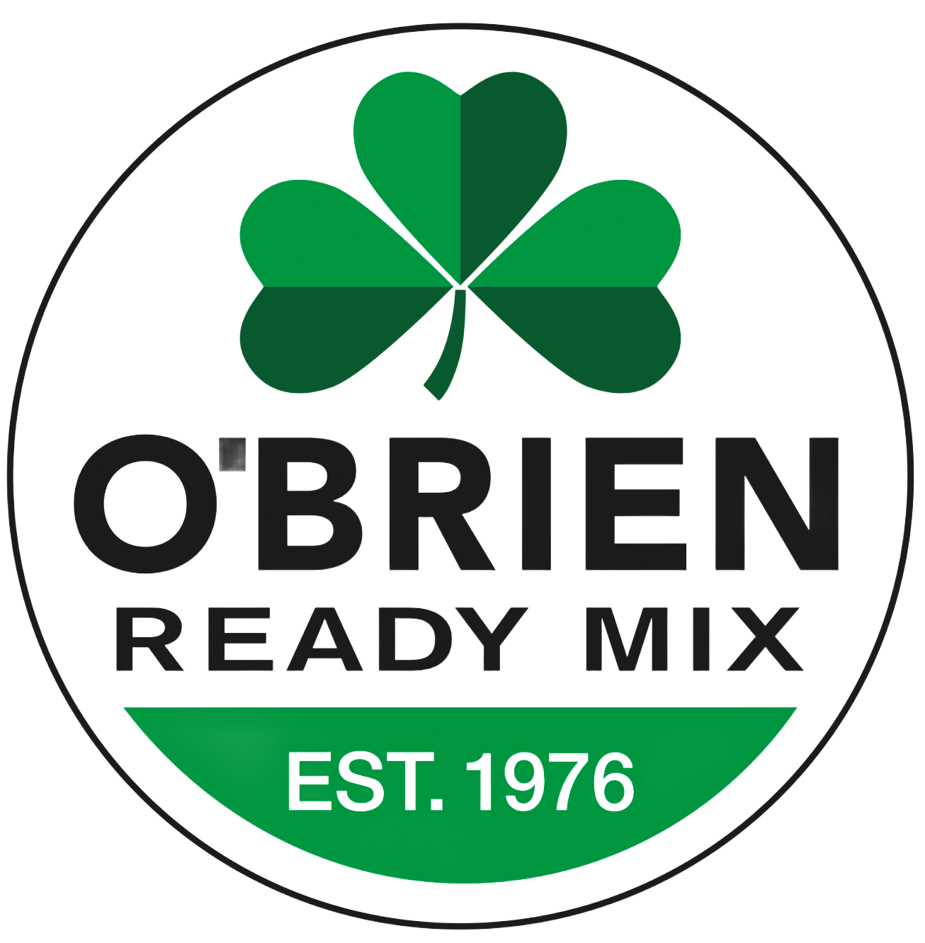 O'Brien Ready Mix logo with green shamrock and “EST. 1976” in a white circle