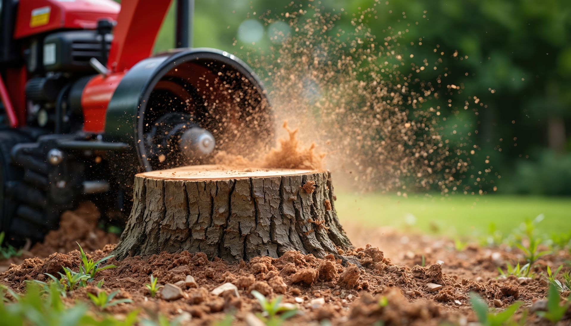 Tractor cutting a tree stump, with wood chips flying in a green outdoor yard