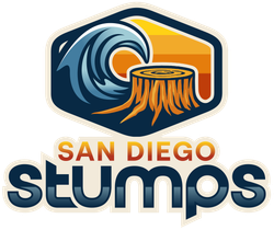 San Diego Stumps logo: wave crest over tree stump, sunset colors, navy and gold hexagon, white text.
