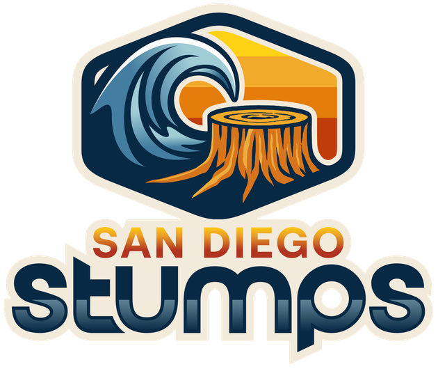 Logo for San Diego Stumps team: A stylized wave and tree stump on a hexagonal badge, with 