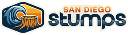 Logo for the San Diego Stumps; a blue and orange wave and tree stump in a hexagon with "San Diego Stumps" to the right.