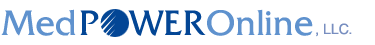 A blue and white logo for medpoweronline llc