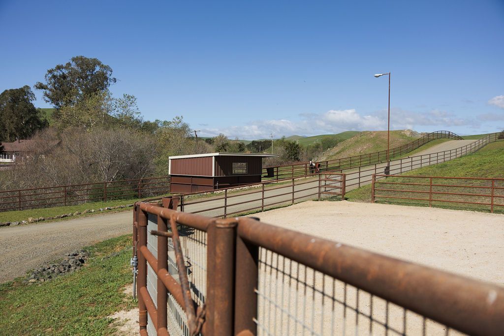 gate overlooking a dirt path, fenced field, and clear blue sky in a rural area