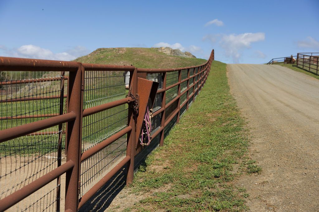 Rusty metal fence along a dirt road beside a grassy embankment under a blue sky.