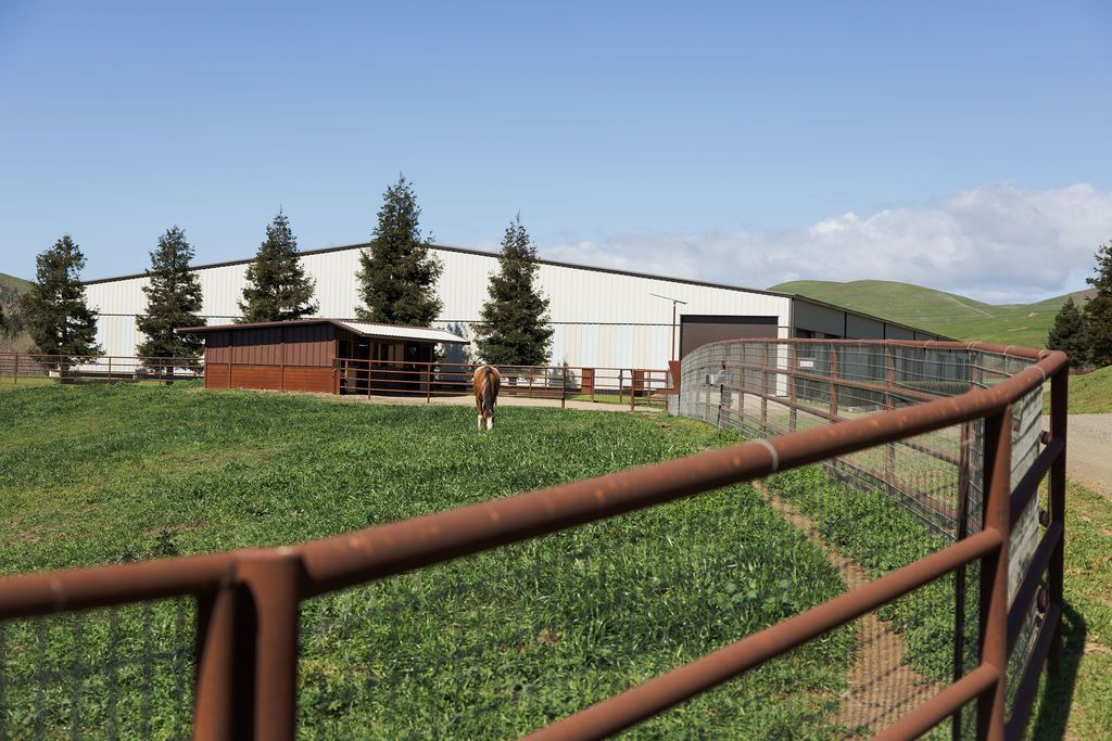 Rusty fence overlooking a green field and white farm buildings under a clear sky.
