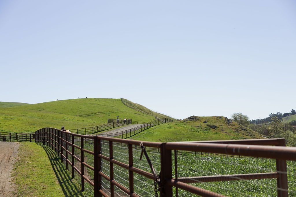 Red fence along a grassy hill under a clear blue sky