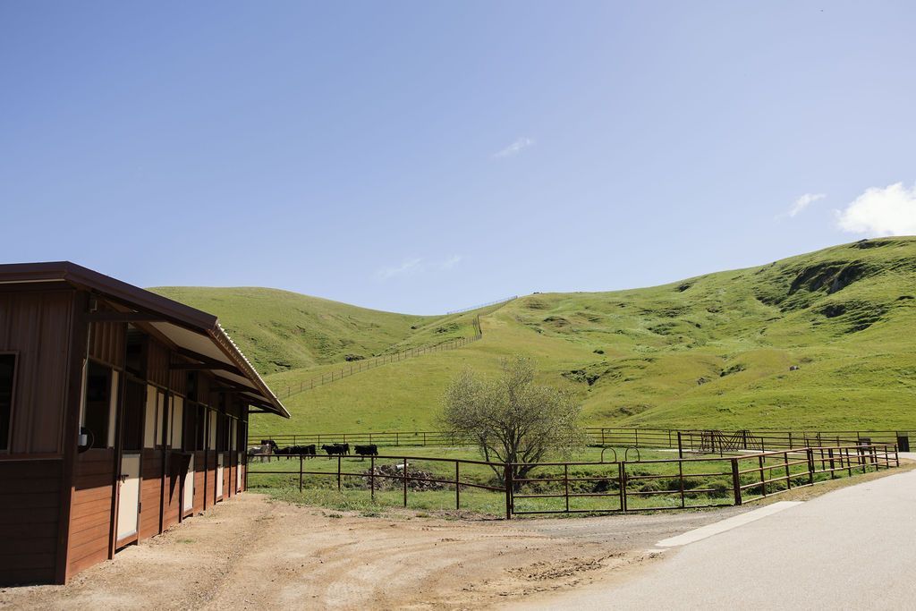 Rural roadside beside green hills, a fence, and a small building under a clear blue sky.