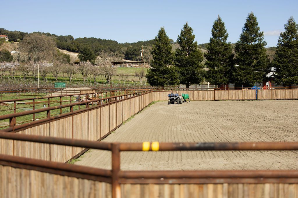 Fenced dirt riding arena with jumps and a tractor under a clear sky, bordered by trees.