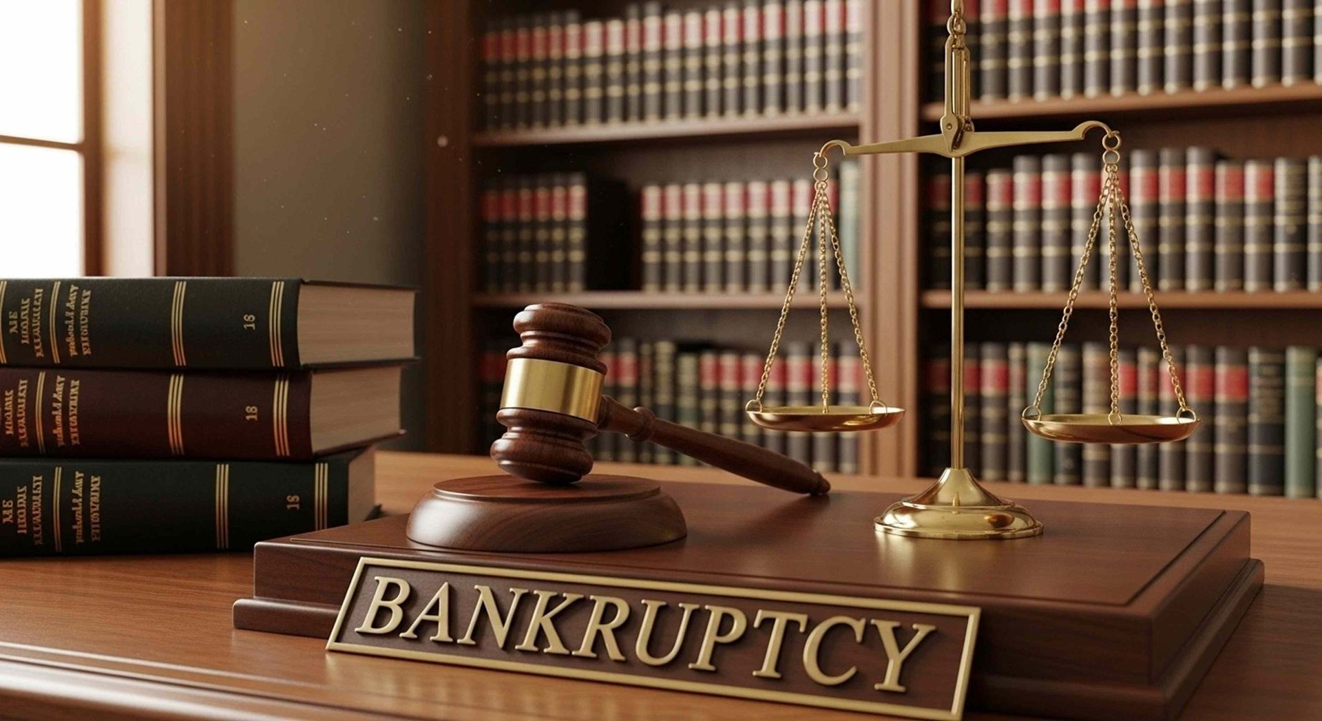 Bankruptcy law books, scales, and gavel in a courtroom office scene