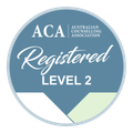 ACA Australian Counselling Association Registered Level 2 badge in blue and white