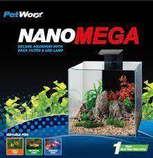 PetWorx Nano Mega aquarium with plants, rocks, and built-in filter and LED lamp.