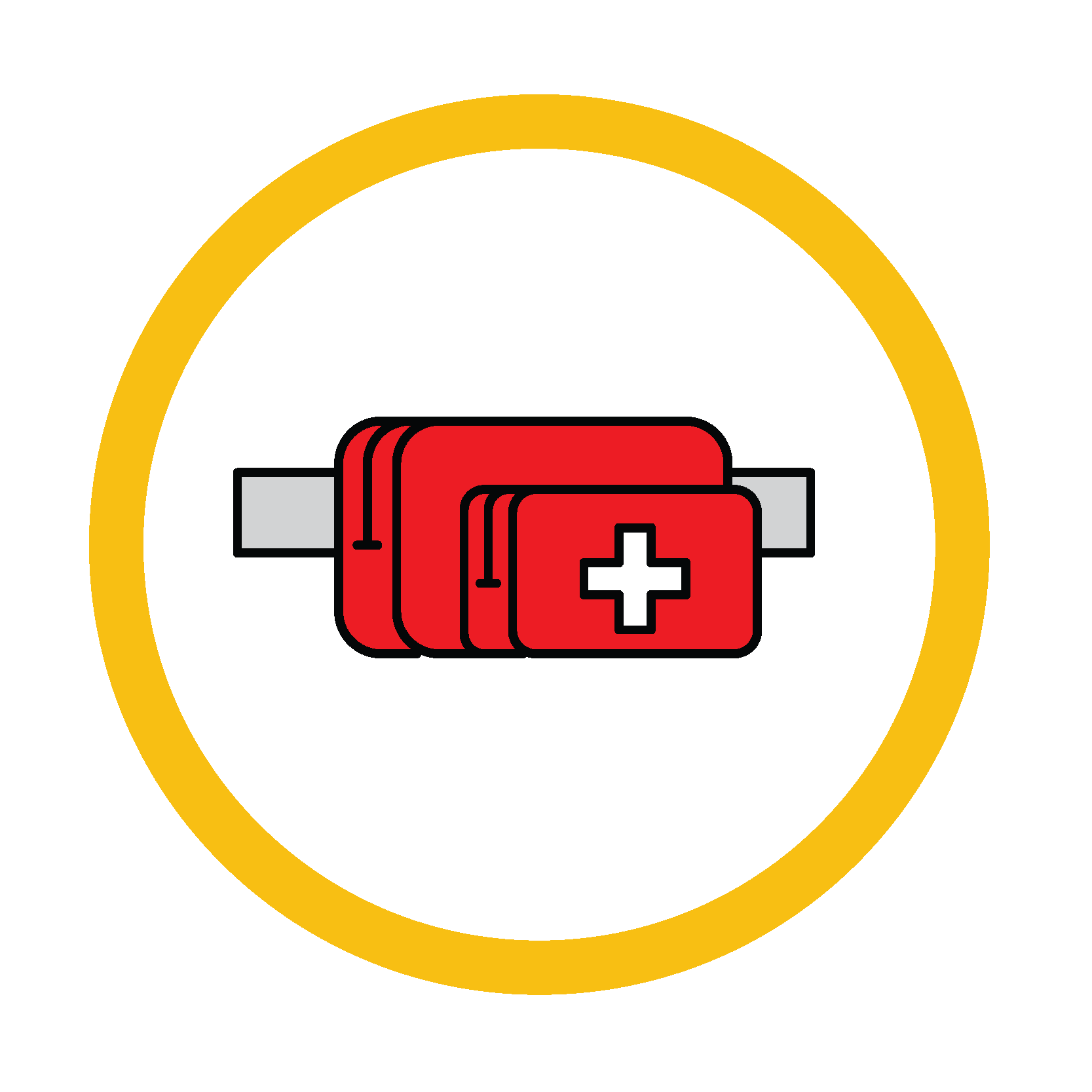 Red first aid kit with a white cross in a yellow circle.