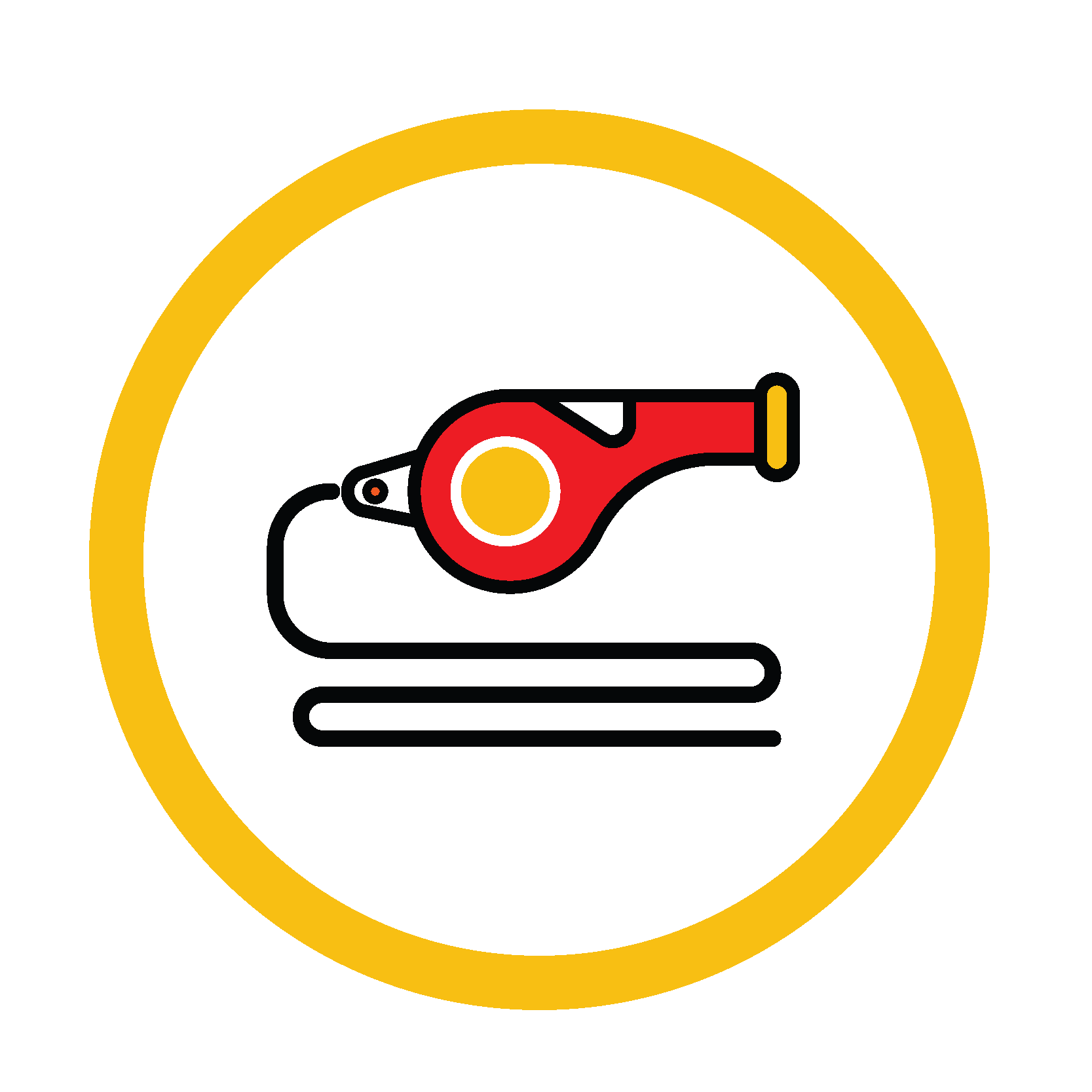 Red whistle with yellow accents, on a black cord, inside a yellow circle.