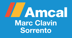 Logo of Amcal, with Marc Clavin Sorrento beneath, on a blue background; orange, yellow, and red design element.
