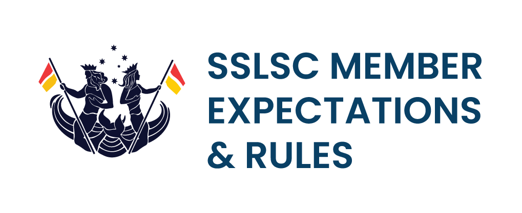 Logo with two figures in a boat, flags, and text: SSLSC Member Expectations & Rules.