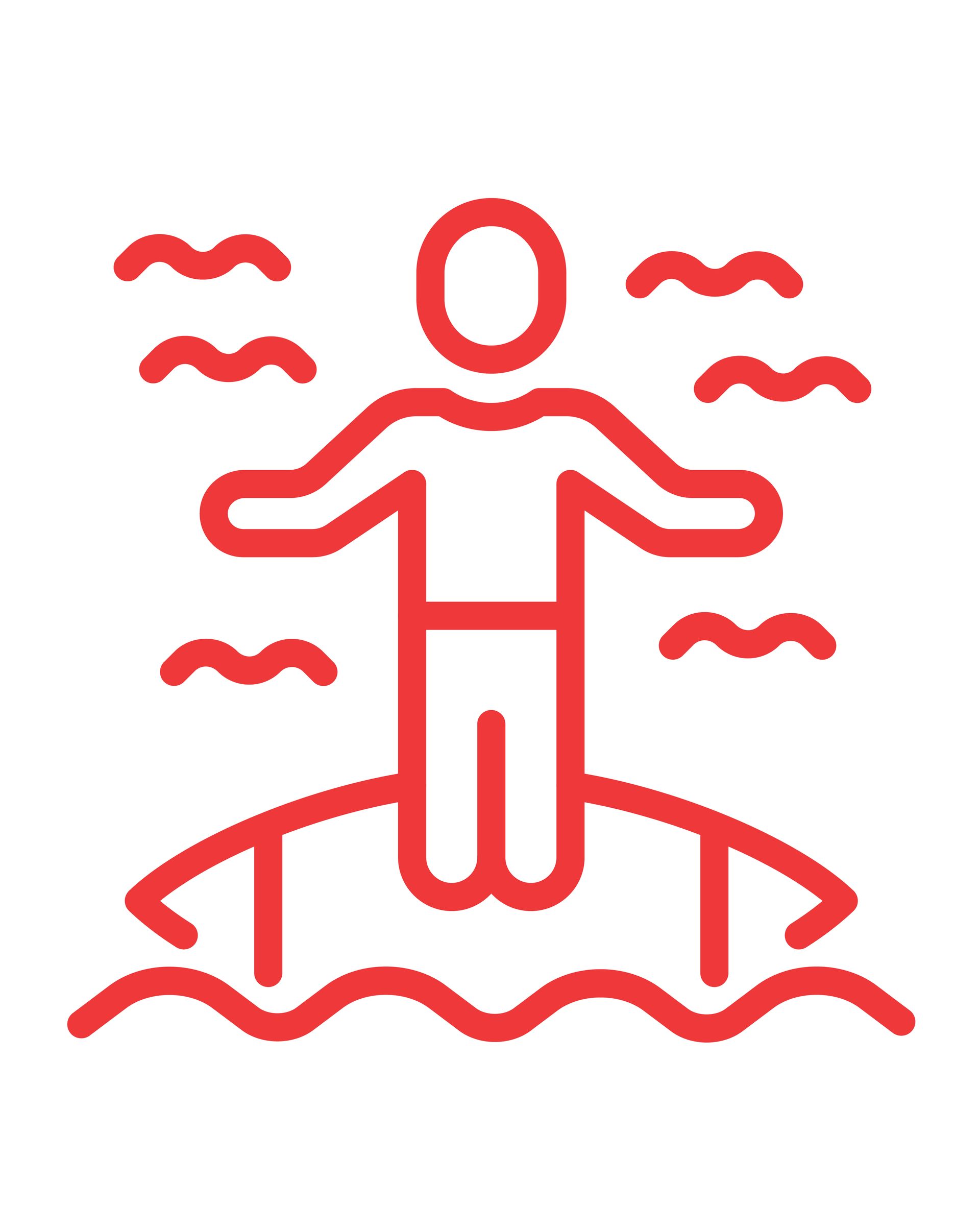 Red line drawing of a person standing on a bridge, arms outstretched, with waves around the bridge.