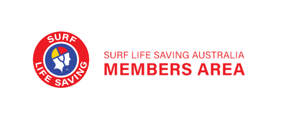 Logo for Surf Life Saving Australia Members Area. Red, white, and blue colors. Text and logo of a lifeguard.