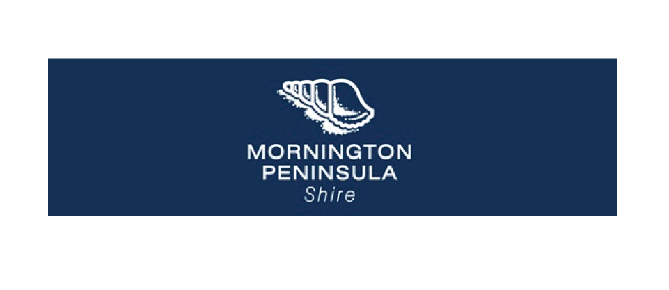 Logo of Mornington Peninsula Shire featuring a seashell icon and text on a dark blue background.