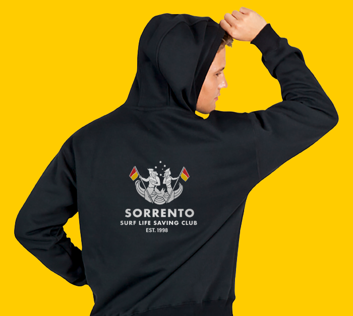 Navy Sorrento SLSC hoodie showing the club crest on the back