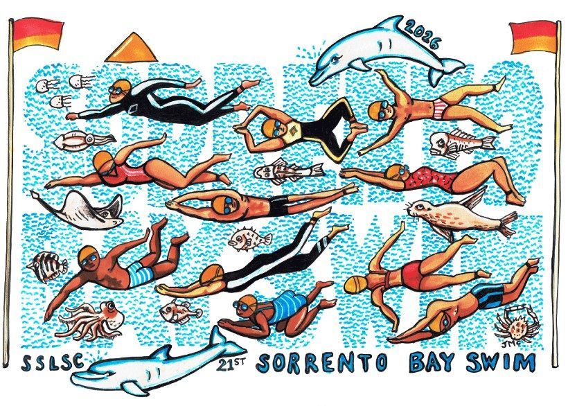 The 21st Sorrento Bay Swim t-shirt illustration — swimmers, dolphins and sea creatures in a bright graphic style.
