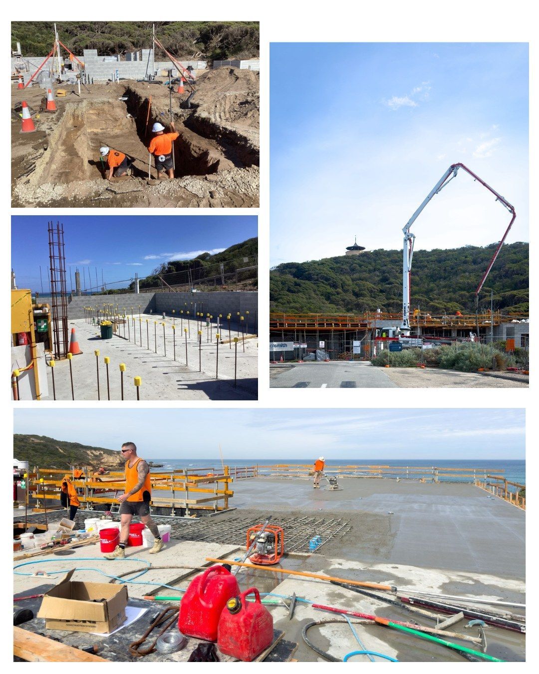 Construction progress: excavation, reinforcement, concrete pumping and the finished slab.
