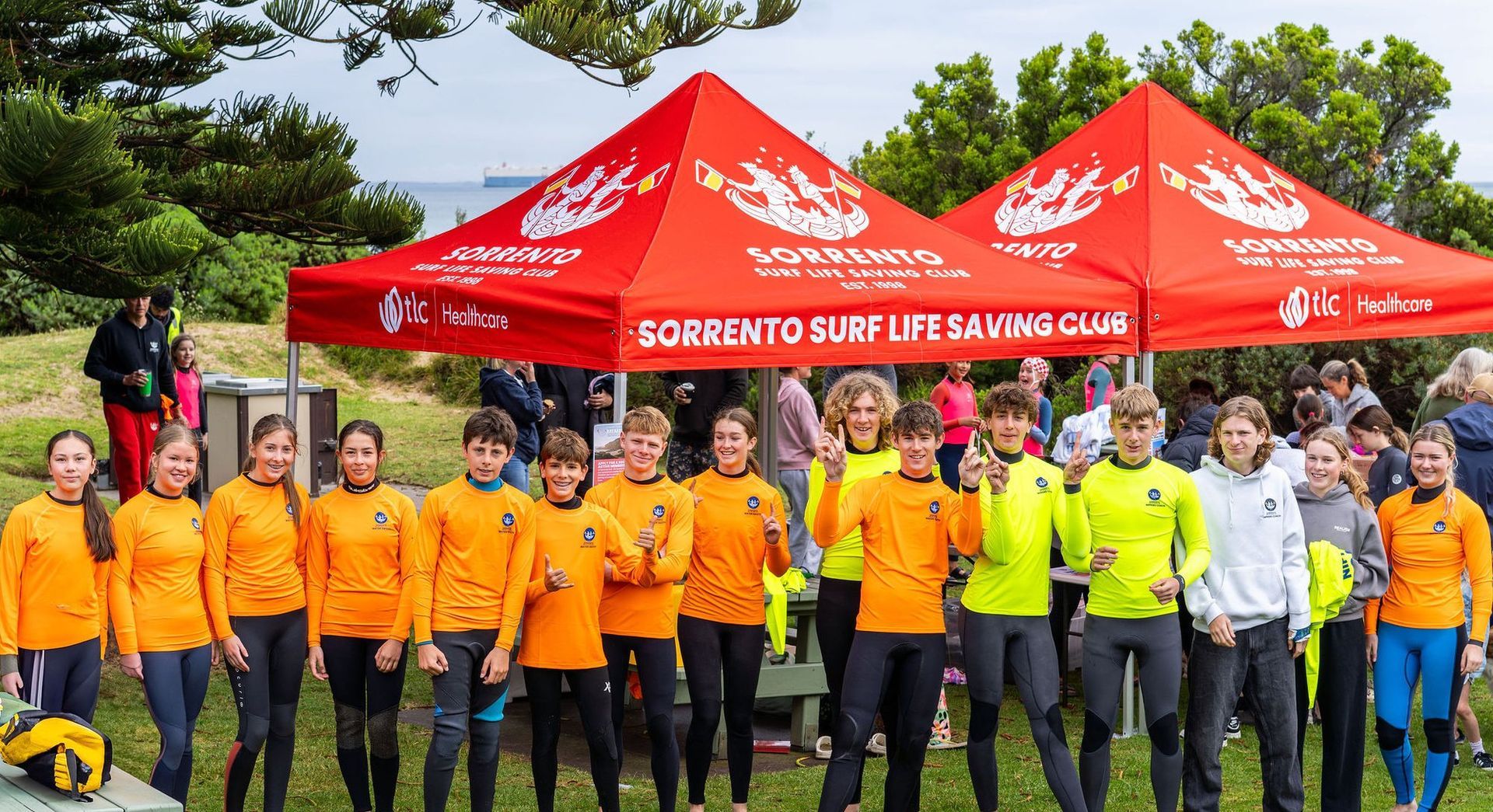 Nippers gathered under Sorrento SLSC marquees at the end of season carnival.