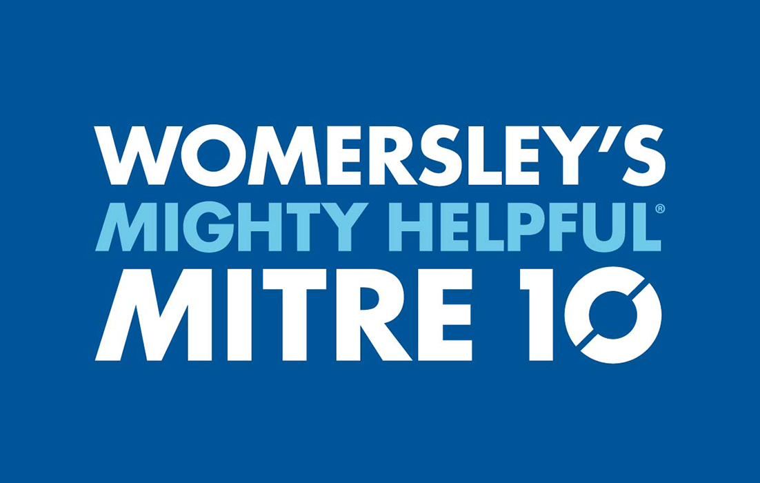 Womersley's Mitre 10 logo on a blue background. White text and logo with a blue border.