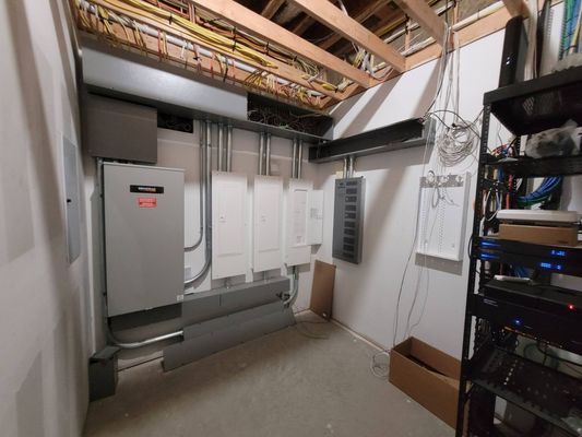 Electrical room with panels, conduit, and exposed wiring on a cement floor and ceiling.