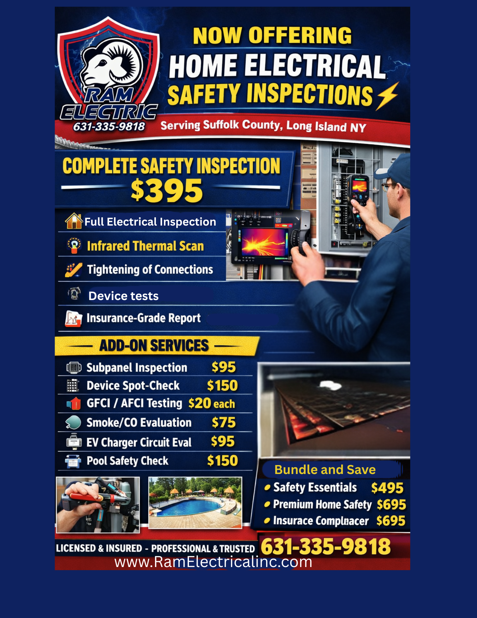 Blue flyer advertising home electrical safety inspections and services, with $395 complete safety inspection.