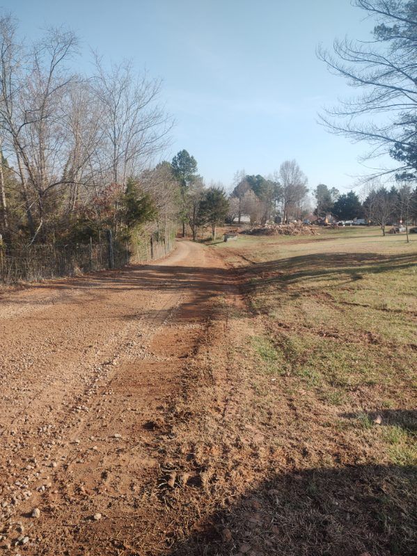 Rural dirt road curving through a grassy, leafless landscape under a clear blue sky.