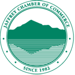 The logo for the jaffrey chamber of commerce shows a mountain and a lake.
