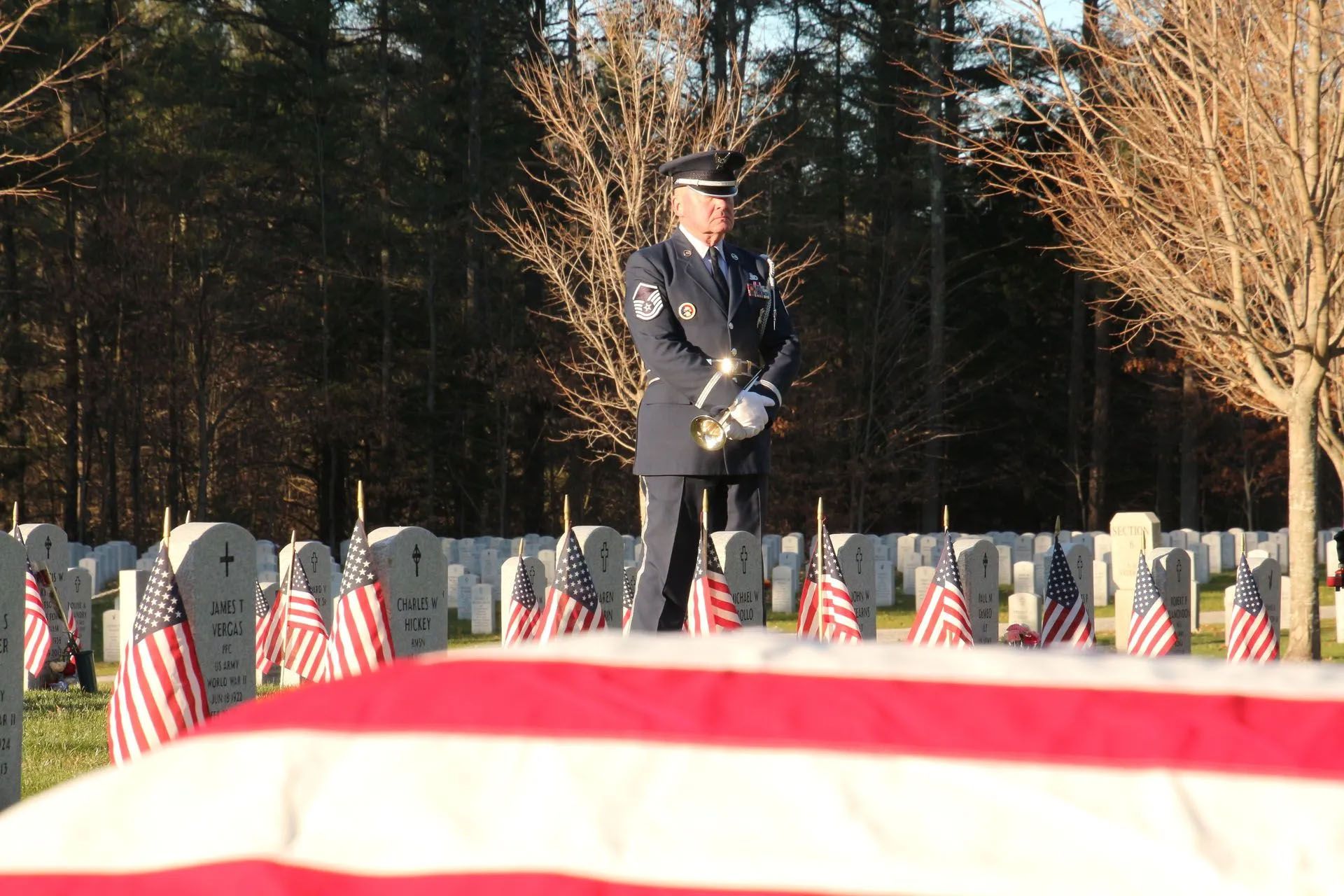 A man stands in front of a large american flag in a cemetery