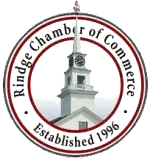 The logo for the ridge chamber of commerce is a clock tower with a clock on top of it.