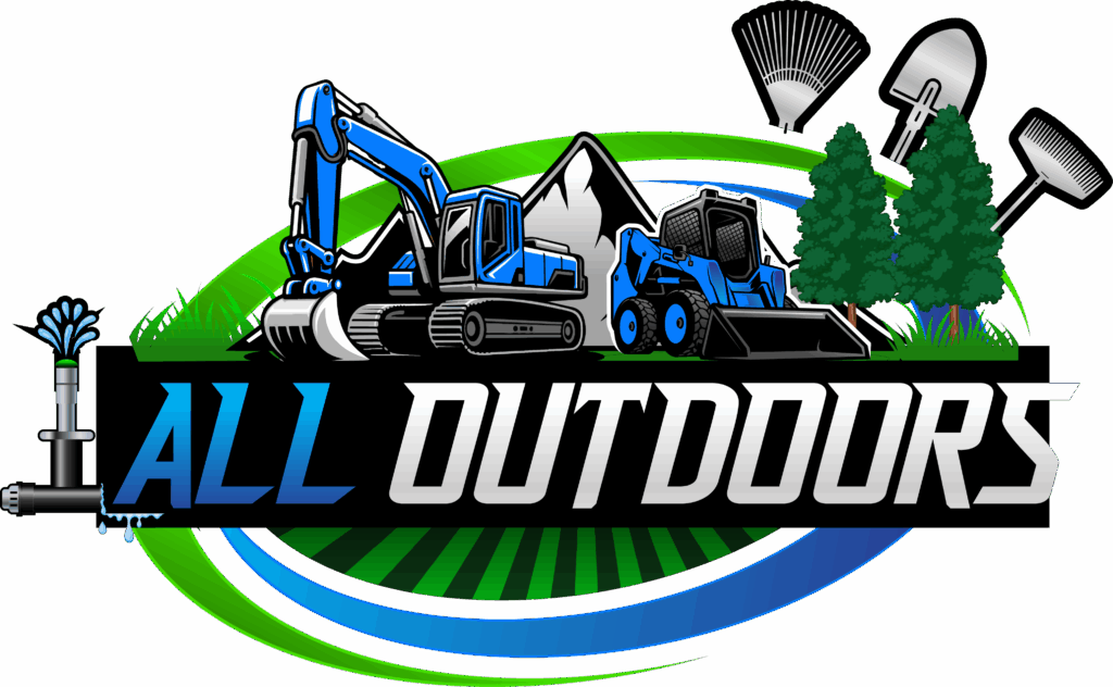 ALL OUTDOORS logo with blue excavator, green trees, black tools, and bold blue-and-white text