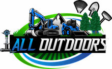 ALL OUTDOORS logo with blue excavator, green trees, black tools, and bold blue-and-white text