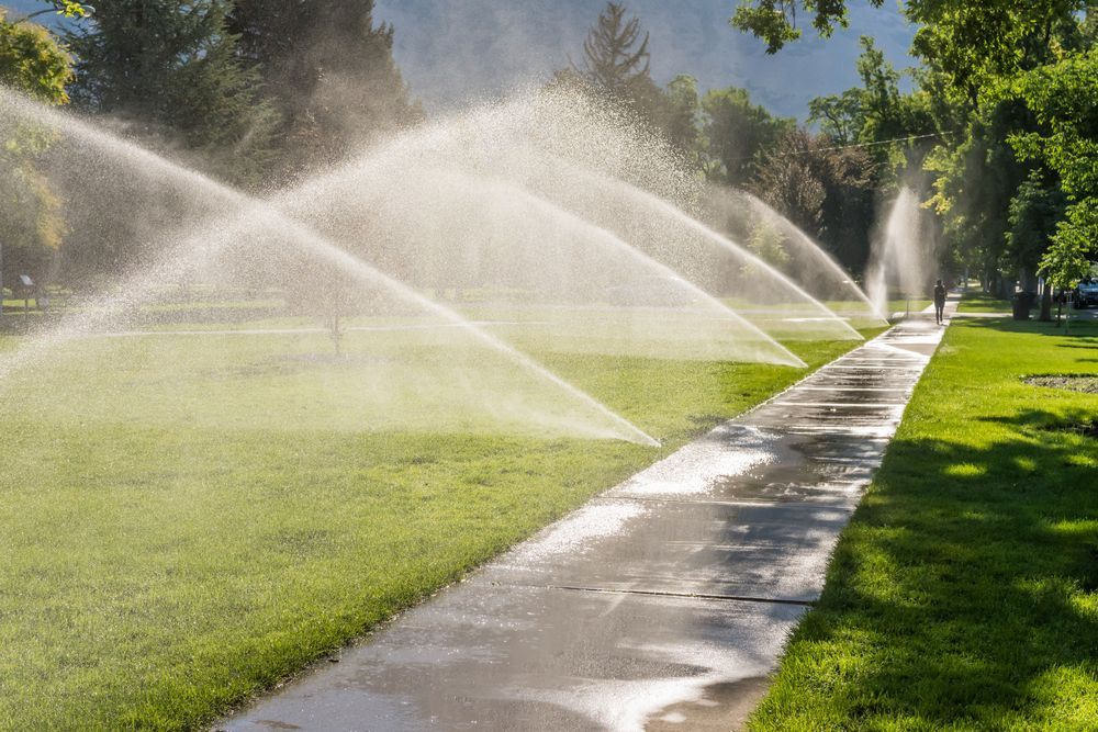 Sprinklers watering a sunlit park lawn beside a wet sidewalk and trees