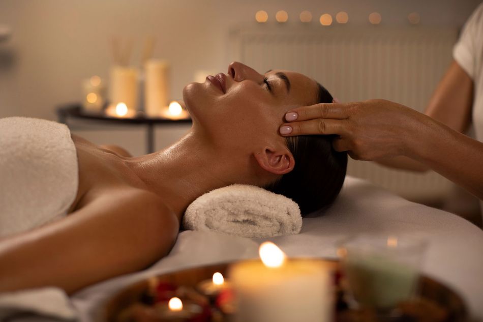 Spa massage with candles; a person relaxes on a towel while a hand massages their head.