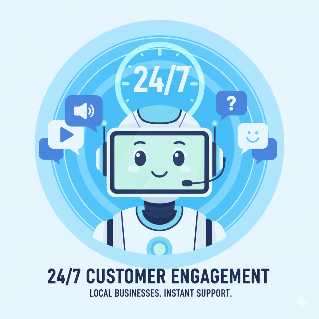Illustration of a friendly AI voice and text agent robot with headset and chat bubbles, symbolizing 24/7 customer engagement for local businesses.