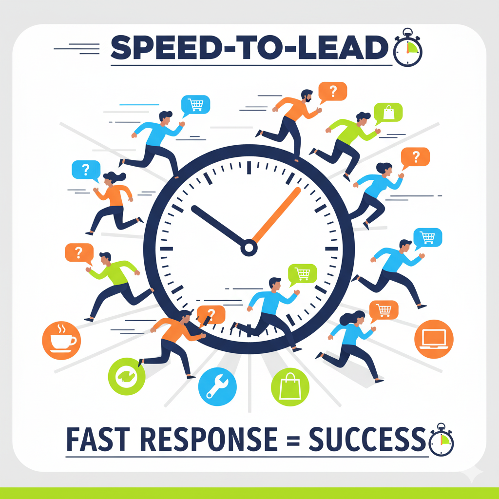 Illustration of businesspeople racing toward a large clock, symbolizing speed-to-lead urgency in local business lead response.