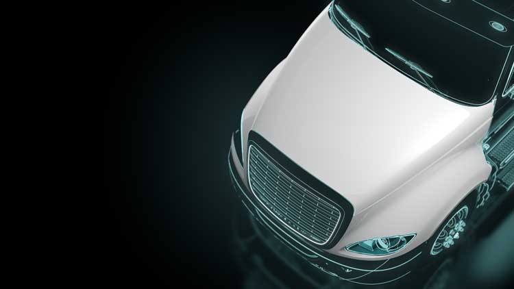 An aerial view of a white truck on a black background