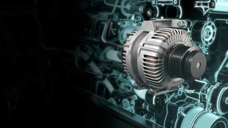 A close up of a generator in a car engine.