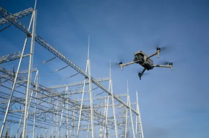 Drone flying near electrical transmission towers and power lines under a blue sky