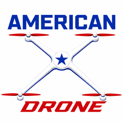 American Drone logo with blue drone, red accents, and bold blue and red text on white background