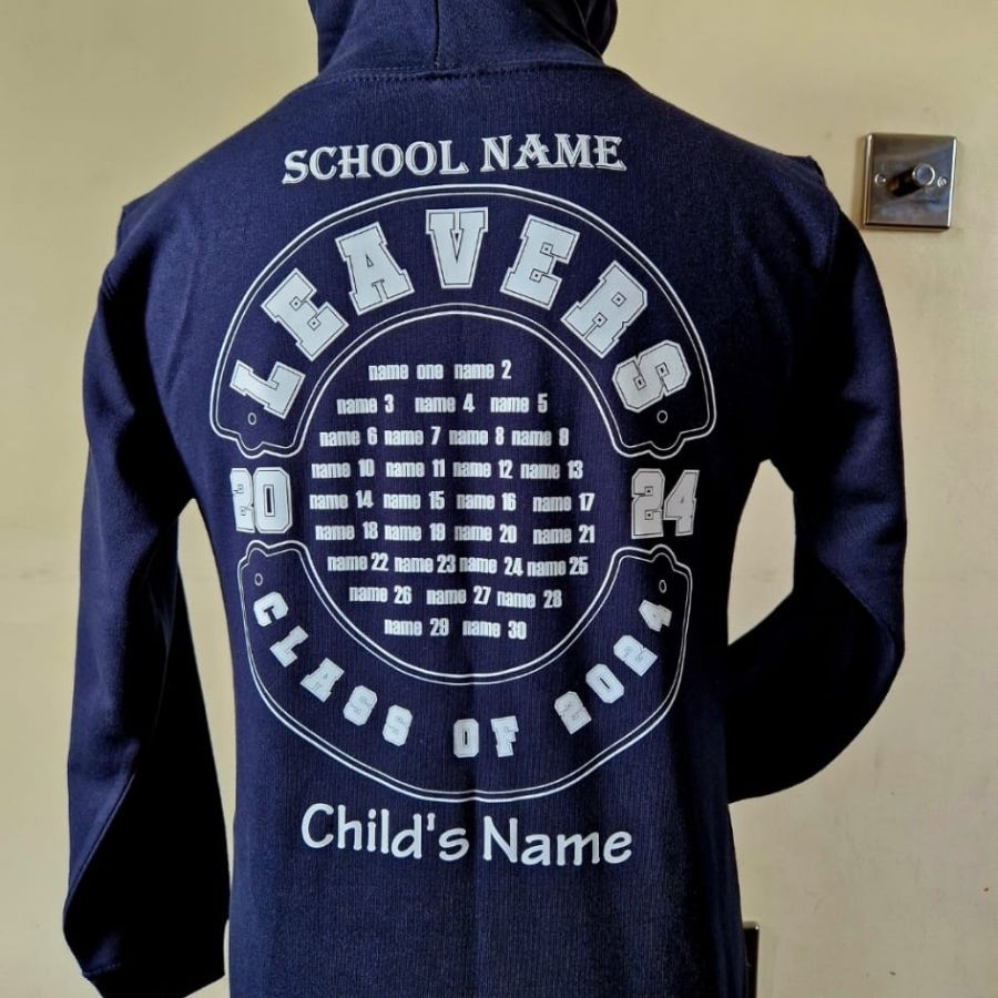 The back of a hoodie that says ' school name ' on it