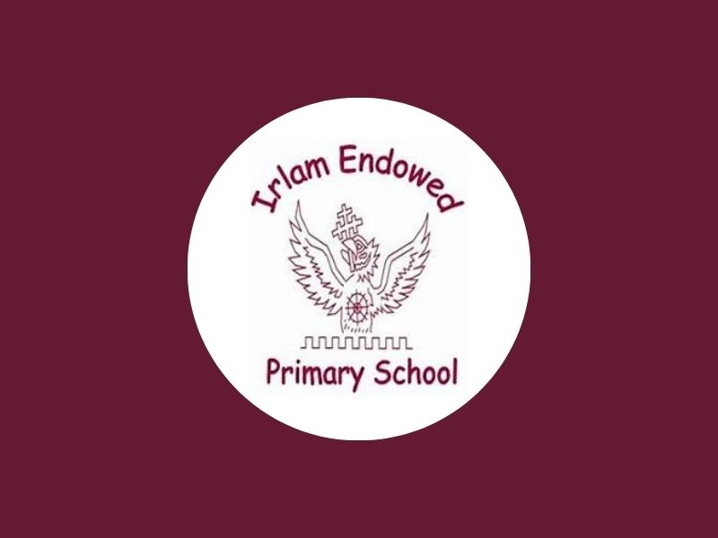 White circle logo for Tatham Endowed Primary School on a maroon background