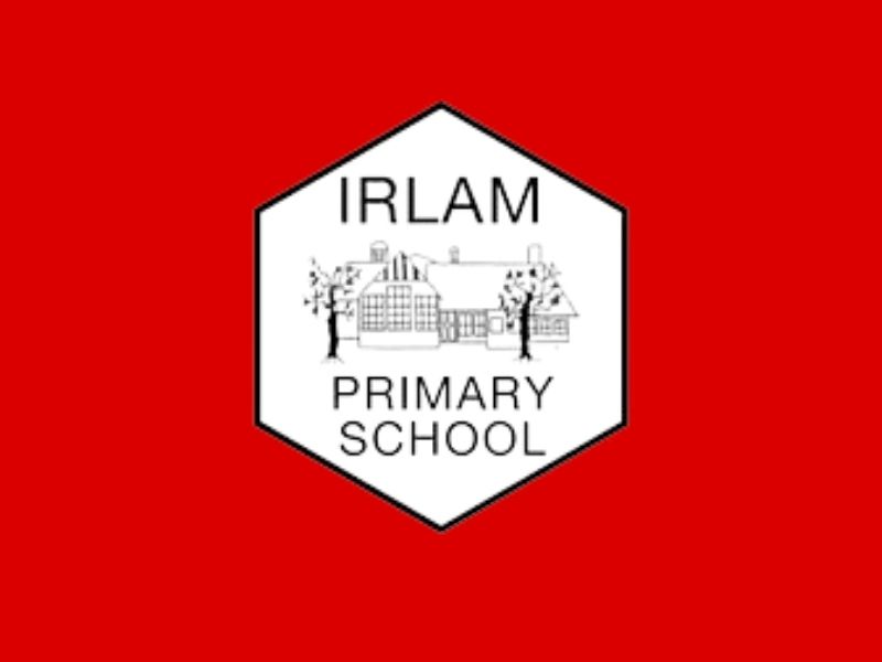 IRLAM Primary School logo on a red background with a white hexagon and school building illustration